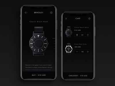 Watches Shop Mobile App app app design bradley cart checkout dark mode dark ui minimal shop store ui ux watches