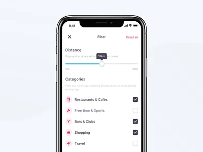 Coupon App – Map Filter categories checks coupon filter ios light map minimal mobile simple slider ui user experience ux