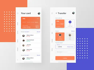 Mobile Banking App app bank banking card cashback interface interface design main menu mobile mobile app mobile ui orange purple services transaction transfer ui uiux welcome