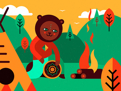 Good Night - character for festival identity animal bear character drum ethnic ethno fire foest hill hippie illustration music nature shaman spirit sunset tribal tribe