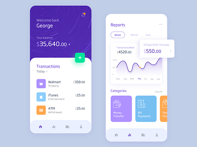 Banking App android banking banking app card concept design graph illustration ios mobile mobile app mobile ui product reports transactions ui ux vibrant violet white