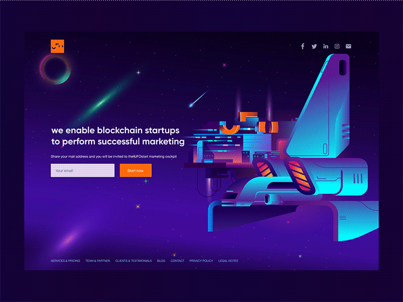 Space landing page design UFO START animation bitcoin blockchain branding crypto cyberpunk debut gif illustraion landing page marketing minimal space startup ui vector web design