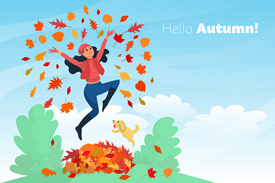 Girl with a dog in autumn park autumn autumn leaves banner cartoon character colorful copy space design dog fall flat girl happy illustration jumping park vector web