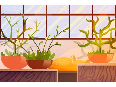 Sleeping cat in the greenhouse cat cute flat flat design greenhouse illustration illustrator interior kawaii minimal scene