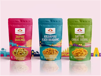Packaging Design for Place of Origin agency branding brand branding branding design design illustration illustration art india packaging snack