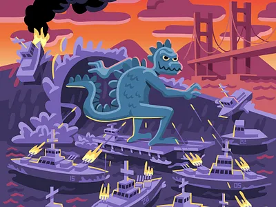 Kaiju dropping in on a glassy tube fleet week godzilla illustration king of monsters surfing vector