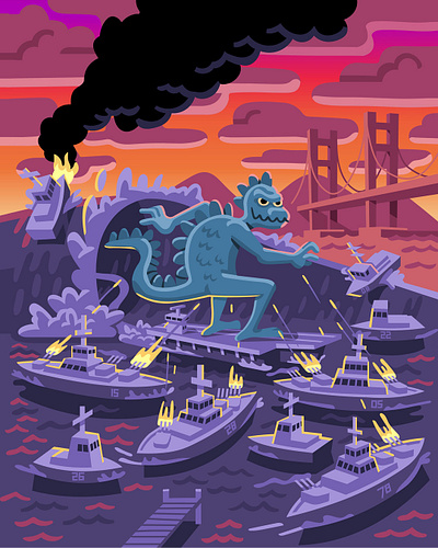 Kaiju dropping in on a glassy tube fleet week godzilla illustration king of monsters surfing vector