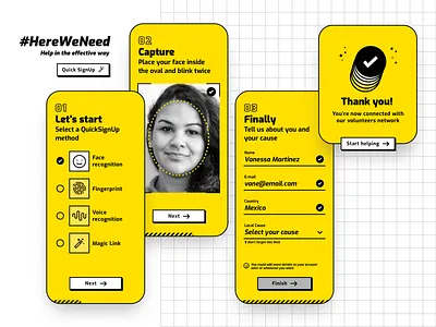 #HereWeNeed - Daily UI #001 001 app biometrics brutalist dailyui design donation usability flat mobile non profit quick sign up signup ui design ui ux ideas uiux ux ux design yellow