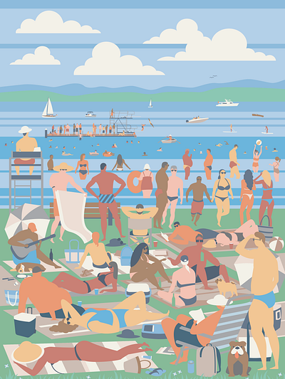 Madison Park Beach in the Summertime beach character illustration characterdesign illustration people poster summer swimming vector vectorart