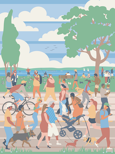 Navigating Green Lake in Seattle, WA art character illustration characters design dogs exercise flat illustration lake people seattle summer vector walking water