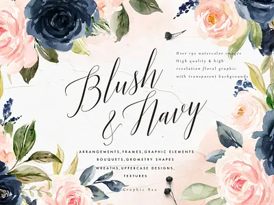 Blush & Navy-Watercolor Graphic Set abstract background brush bundle clipart color flower paint set textures vector watercolor