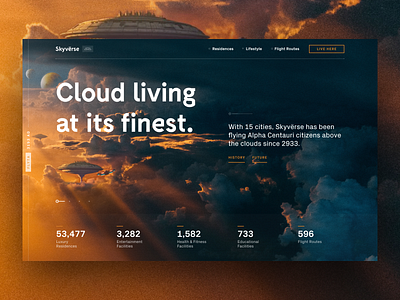 Skyvërse blue button city clouds concept futuristic homepage landing page lifestyle luxury orange photoshop sky statistics ui visual design