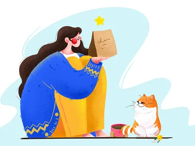 Leisure time—4 blue cartoon cat design girl illustration office star time ui ux web yellow