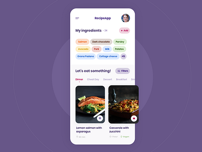 Smart Recipes 🍜 colorful food fridge ingredients ios kitchen mobile recipe recipe app recipe book smart suggestions tags ui uiux ux