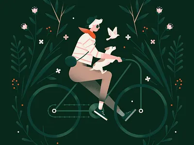 Cycling animal bicycle bird cycling dog flat flower forest girl gradient illustration leaves nature outdoor plants spring texture vector vines woman