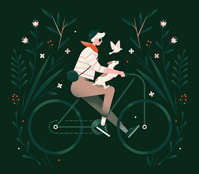 Cycling animal bicycle bird cycling dog flat flower forest girl gradient illustration leaves nature outdoor plants spring texture vector vines woman