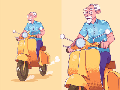 Vacation cartoon cartoon character cartoon illustration character characterdesign flat flat illustration flatdesign grain grain texture grandpa hawaii illustration moped motocycle motorbike vector