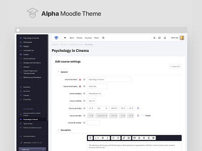 Alpha Moodle Theme courses form form design learning lms modern moodle navigation sidebar study theme theme design themeforest ui uiux university