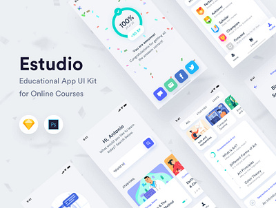 Estudio - Educational Mobile App UI Kit android app creative market dark theme design ecommerce education educational ios iphone learning learning app light theme online courses student study ui ui kit ui8 ux