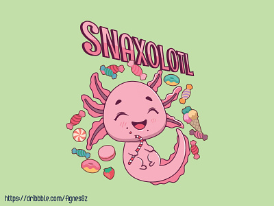 Snaxolotl pun design amphibian animal axolotl candy cartoon character cute design donut funny happy ice cream kawaii macaron salamander strawberry sweets