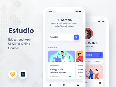 Estudio Educational Mobile App UI Kit android app design education home illustration ios iphone learn mobile online courses profile search student study ui ux