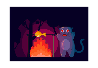 The cat is dreaming about the fish vector illustration animal cartoon cat character cute drawing dream fish food forest illustration love vector