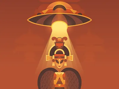 The Grey alien aliens antient gold illustraion orange red ufo