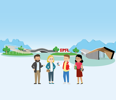 EPFL 50th Anniversary illustration for DHI architecture characters colorful epfl flat illustration landscape mountains switzerland university