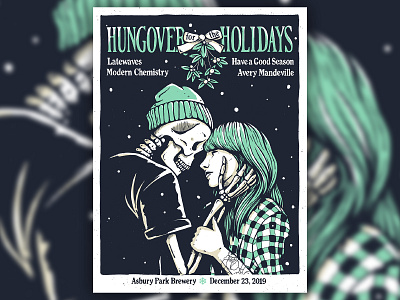 Hungover for the Holidays 2019 art band character christmas design emo gig gigposter girl holiday illustration mistletoe poster print retro skeleton skull typography vintage