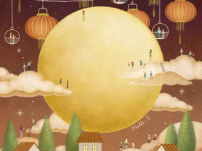 Mid Autumn Festival autumn cover design festival festival poster festive full moon house illustration illustration design lantern mid autumn festival moon moonlight