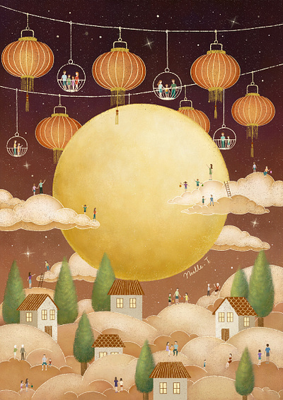 Mid Autumn Festival autumn cover design festival festival poster festive full moon house illustration illustration design lantern mid autumn festival moon moonlight