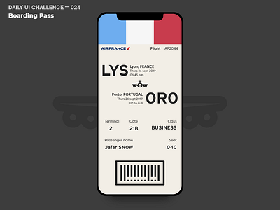Daily UI Challenge #024 — Boarding Pass app design boarding pass boardingpass clean daily 100 challenge daily ui daily ui 024 dailyui france ios madewithadobexd minimal uidesign webdesign