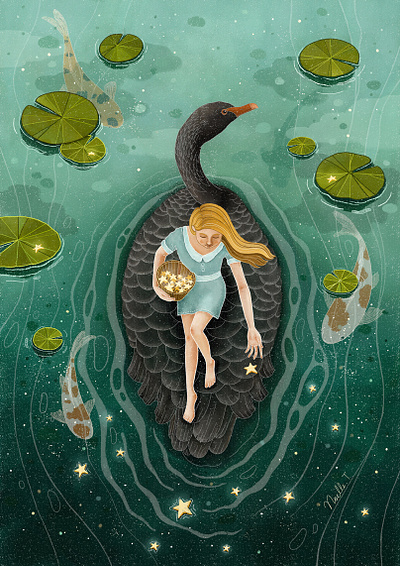 Upon The Black Swan artwork design fish illustration illustration art illustration design painting pond swan