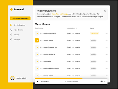 Surround blockchain certificate player sound surround technology ui ux yellow