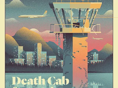 Death Cab for Cutie Summer Tour Poster abandoned city clouds control death cab for cutie gig grain illustration mountains plane poster skyline sunset tower vines