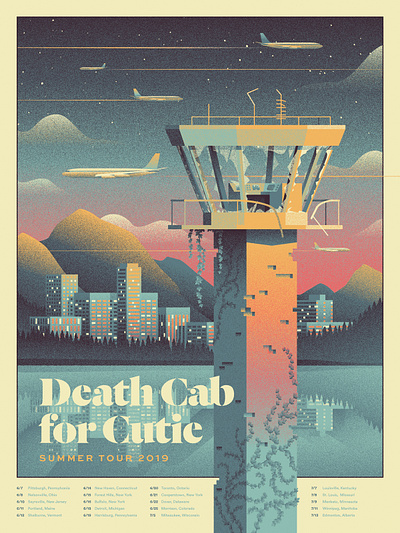 Death Cab for Cutie Summer Tour Poster abandoned city clouds control death cab for cutie gig grain illustration mountains plane poster skyline sunset tower vines