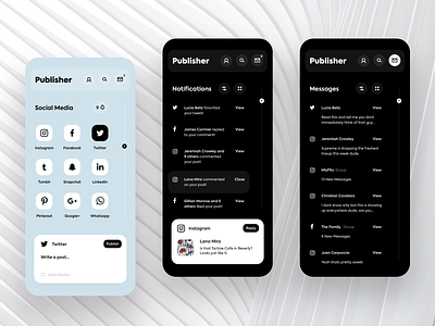 Publisher (continued) app concept app design app ui app ui design branding contrast facebook instagram iphone x social app social media twitter typography