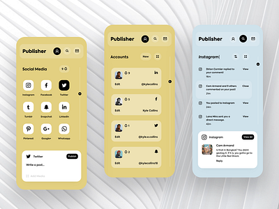 Publisher (continued) app design app ui app ui design branding contrast facebook instagram iphone x social app social media twitter typography ui