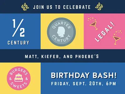 Birthday Bash 21st 50th birthday birthday card birthday invitation blue and pink illustration quarter century retro