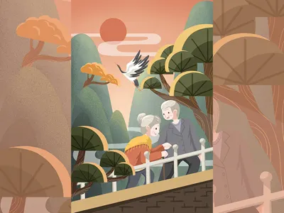 Chongyang festival NO.2 chinese traditional festivals chinesefestival chongyang climbing design dusk hiking illustration life love mountains old couples pine red crowned crane sunset