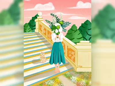 girl and flower2 banner cat design flower girl happy illustration love sky sun ui