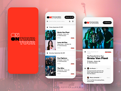 OnTour – Find Your Show app concept app design app ui app ui design branding concert contrast iphone x music rock and roll typography