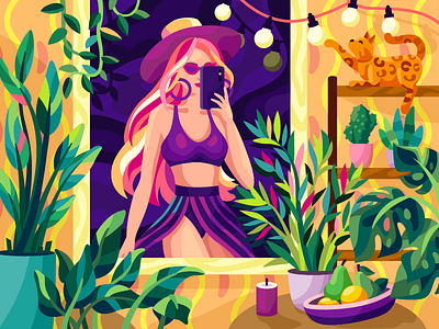 Selfie fashion fashion illustration flat girl illustration interior leaves look outfit pink pink hair plants purple selfie illustration summer swimsuit vector violet woman