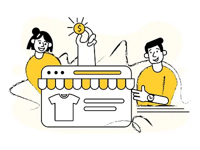 Marketplace website charater ecommerce design hand drawn icon illustration line art marketplace website