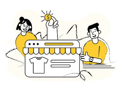 Marketplace website charater ecommerce design hand drawn icon illustration line art marketplace website