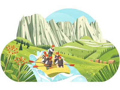 Fattura in cloud design flowers grass illustration meadow mountain mountains people raft rafting vector