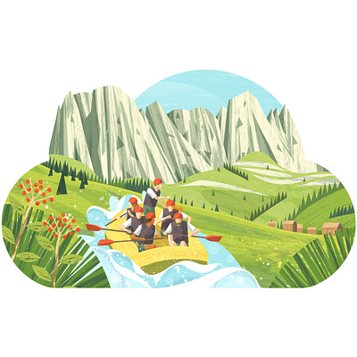 Fattura in cloud design flowers grass illustration meadow mountain mountains people raft rafting vector