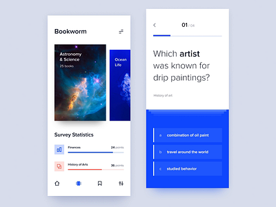 Survey knowledge checking app book book library content bookmark cards cover discipline education history learning options points progress question quizz slide statistics survey swipe