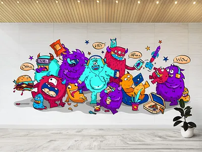 Monsters ar cooking funny game art gamestudio hamburger illustraion it mac monsters pizza team vr wall work