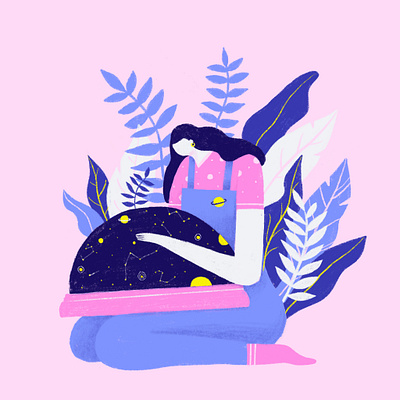 "She was holding her universe" beautiful blue design globe illustration loving minimal pink plant portrait purple simple universe woman